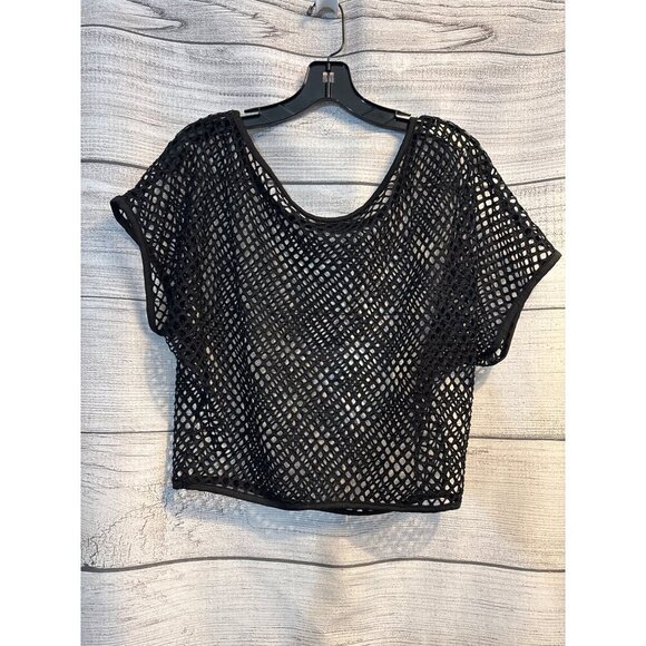 Black Open-Weave Mesh Short Sleeve Cropped Top OS - Picture 1 of 2